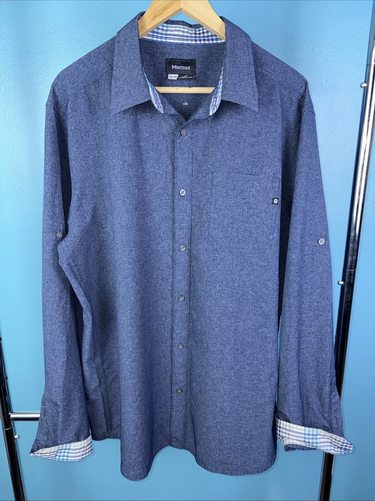 Marmot For Life Button Up Long Sleeve Shirt Blue Size XL Gorpcore Hiking Preppy