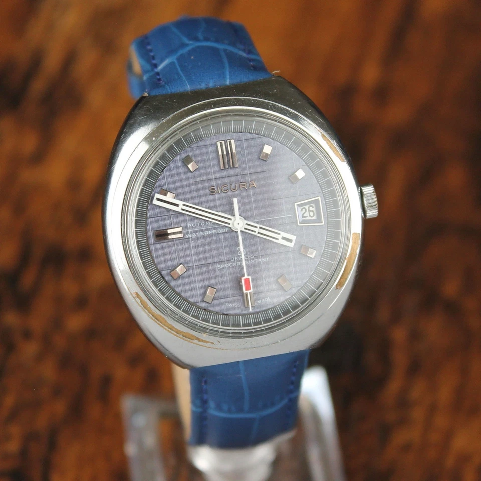 Vintage SICURA GRENCHEN Swiss Made Automatic Watch 25 Jewels Blue Dial Serviced - Image 3 of 4