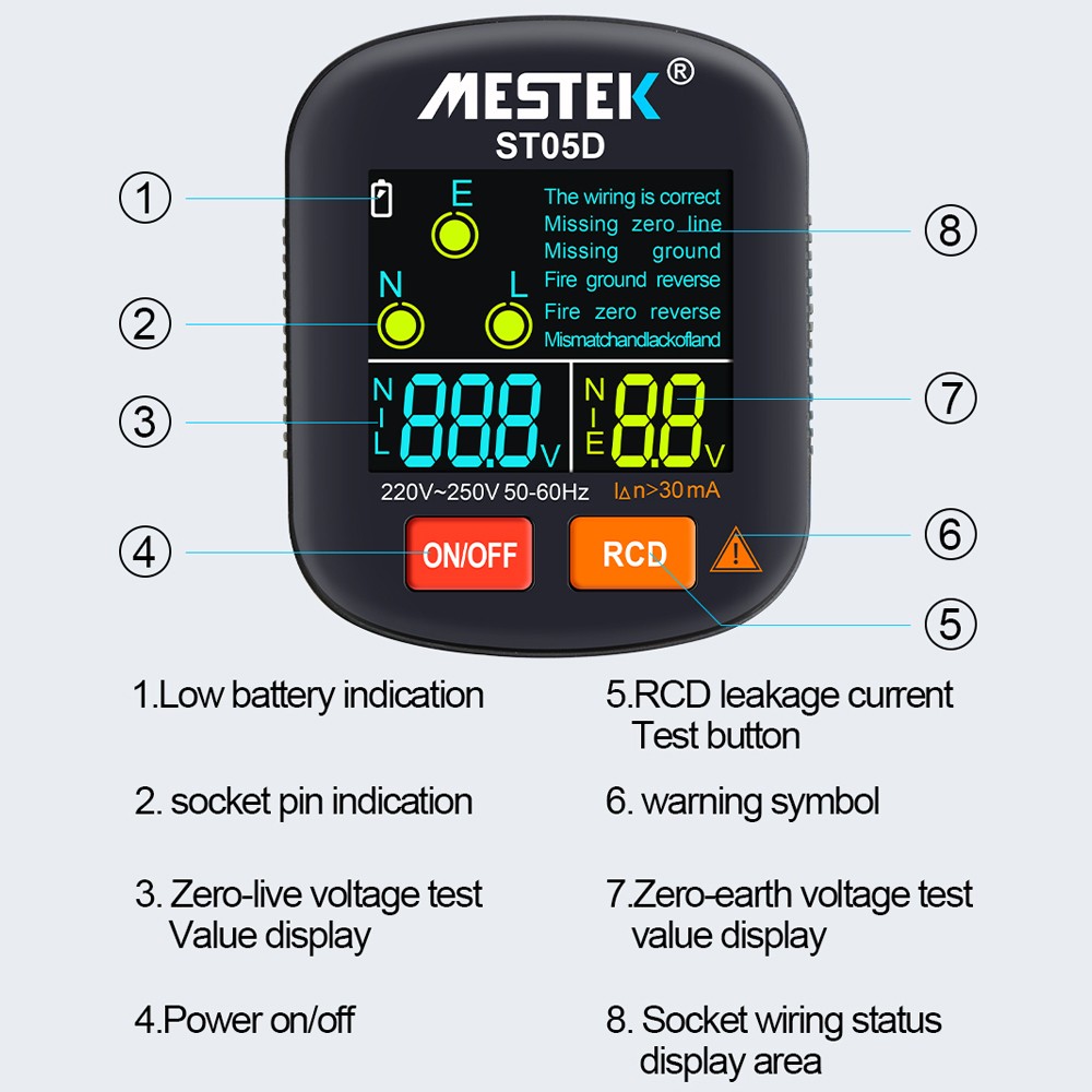 30-250V Portable Digital Socket Tester Detector RCD Voltage Tester Ground