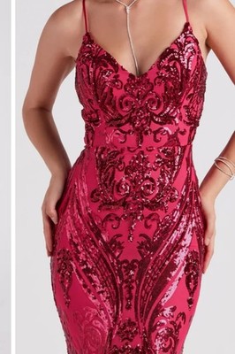 Windsor Red Sequin Sleeveless Mermaid Gown Dress for Women, V-Neck, M/L