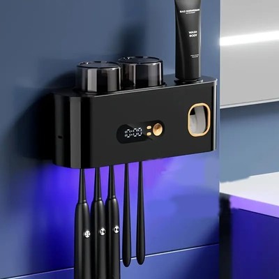 UV Toothbrush Sanitizer Wall Mount No Drill with Toothpaste Dispenser, White