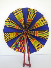 Handmade Colorful African Print Foldable Hand Fan Leather Handle Kente Cloth