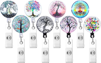 8 Pcs Tree of Life Badge Reels,Retractable ID Badge Holder with Alligator Clip,F