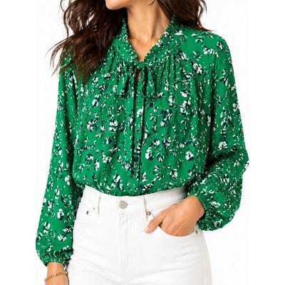 RALPH LAUREN Green Floral Pleated Blouse Top Tie Neck Long Sleeve Romantic | 2X