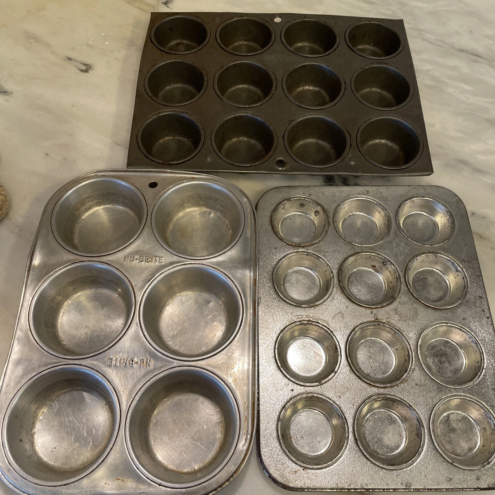 Lot of 3 Vintage Muffin Cupcake Tin Aluminum Nu-Brite Cupcake Pan S M L Sizes