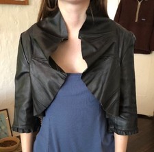 Heart Moon Star Black Genuine Leather Cropped Jacket M