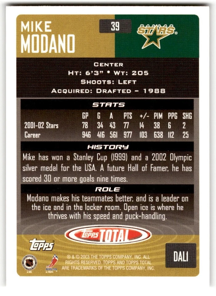 2002-03 Topps Total Mike Modano #39 Dallas Stars - Image 2 of 2