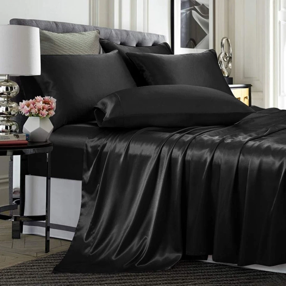 Satin Wrinkle Free Luxurious and Soft Silky 10–16 Deep 4Pc Sheet Set Black Solid - Image 4 of 4