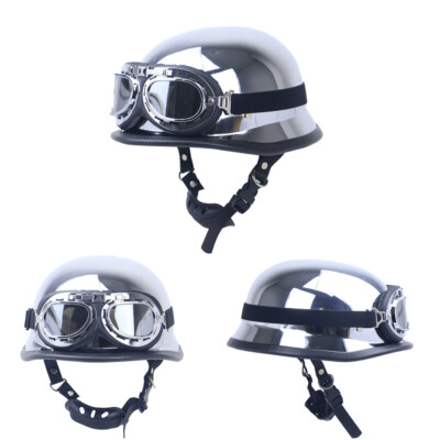 DOT Motorcycle Half Helmet German Skull Cap w/Goggles Chrome Silver Scooter S
