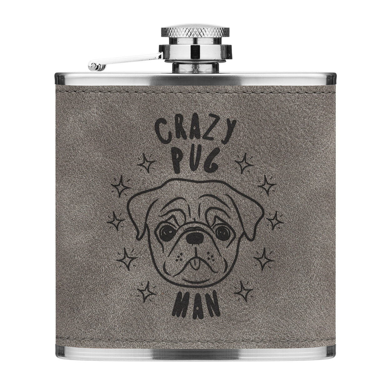 Crazy Pug Man Stars 6oz PU Leather Hip Flask Grey Funny Dog Puppy