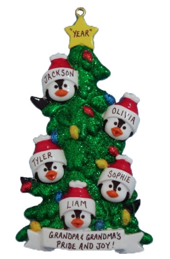 Personalized Penguin Tree Family of 5 Christmas Ornament | eBay