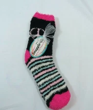 Slipper Fuzzy Peace Sign Striped Teal Crew Socks Womans Size 9-11  Black Trim C