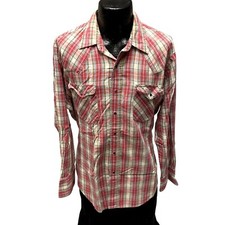 Vtg 80  s Levis Men Red Cream PLAID Cowboy WESTERN WORK Pearl Snap FLANNEL Shirt