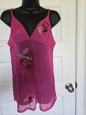 Y2K Victoria's Secret L Womens Teddy Slip Pink Mesh Sequin Negligee Vintage