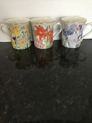 Lenox 1995 The Flower Blossom Mug Collection (3) Iris, Daffodils, Day Lily. Gold