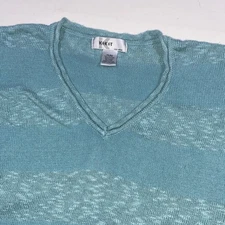 K+IT Knitwear Aqua Blue Striped V Neck Short Sleeve Sweater Top Women's XL