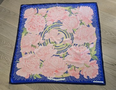 HERMES Les Pivoines 100% Silk Scarf Multicolor Blue Pink 35