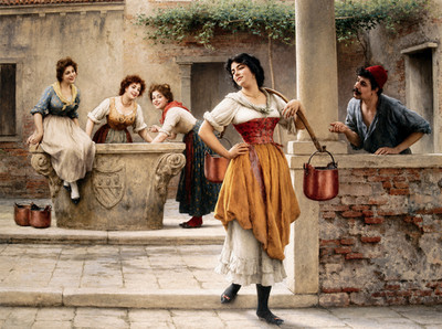 Eugene de Blaas Flirtation at the Well 1902 Romantic Fine Art Print 17''x22''