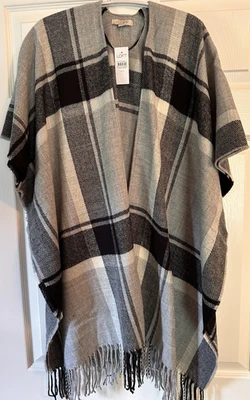 LOFT Plaid Open Front Fringe Poncho Wrap Gray Black White Women’s M/L - Image 1 of 3