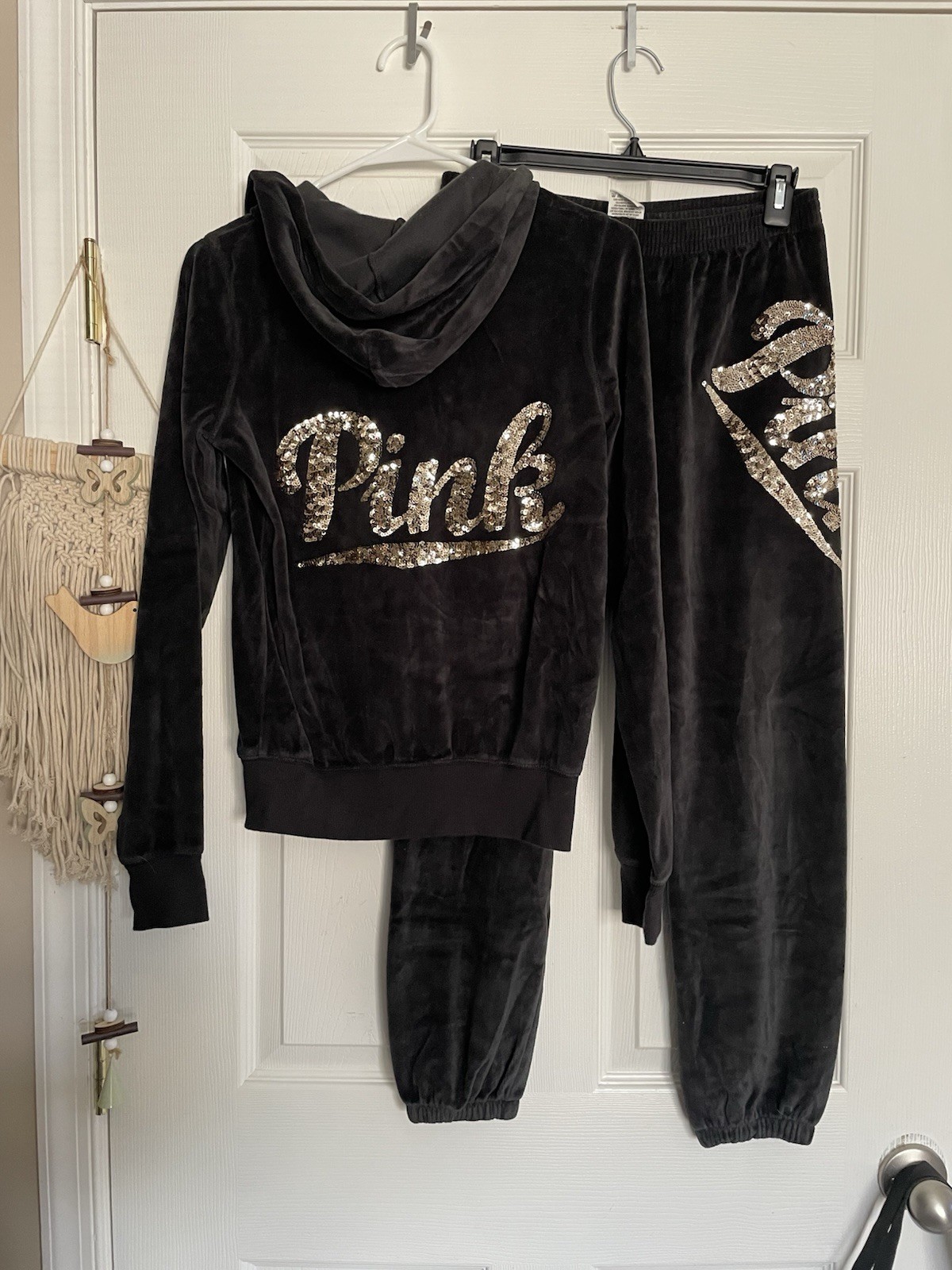 Victoria's Secret PINK Black Velvet Matching Set Hoodie & Sweatpants Size Small