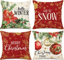Christmas Pillow Covers 18X18 Set of 4 Red Christmas Decorations Xmas Poinsettia