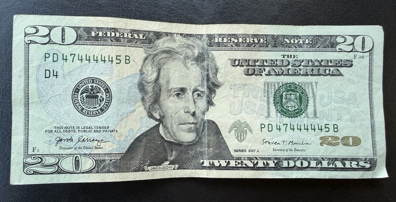 2 FANCY SERIAL NUMBER.6-4’s $20 Banknote PD47444445B + near sequential low print