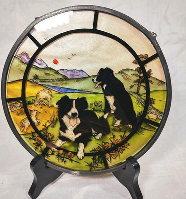 Vintage Border Collie Buntglasscheibe Schaf Hund Sonnenfänger 1990er