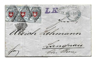 SCHWEIZ 5 r. RAYON I 3 WERTE AUF BRIEF VON MANNHEIM NACH LANGNAU 1853 .