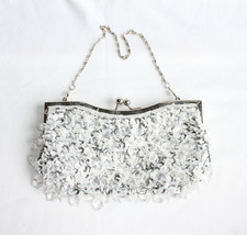 Silver Shimmering Sequin And Acrylic beaded Kiss Lock Evening Bag Clutch 9" x 5"