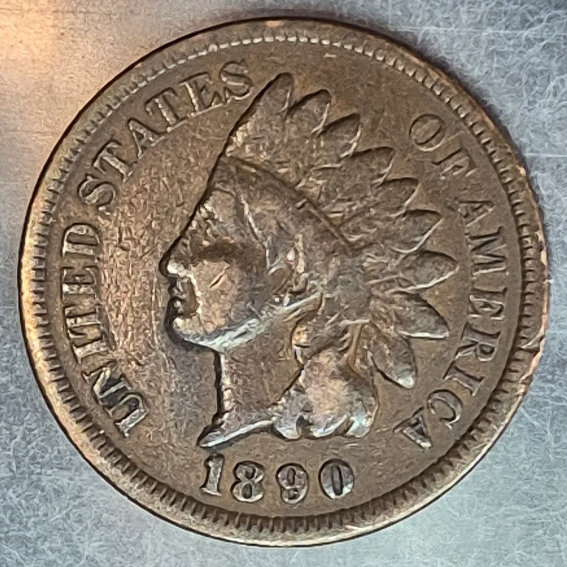 1890 Indian Head cent obverse, second angled view