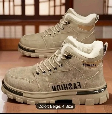 Men'S Winter Boots - Warm Fleece Lining, Laced, Round Toe, Beige. Perfect for...