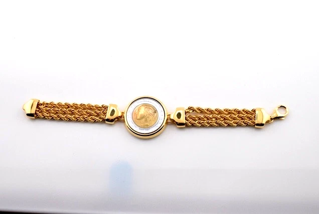 Pulseira de moedas Bellezza Itália 500 liras corda tripla corrente bronze HSN - Imagem 3 de 4