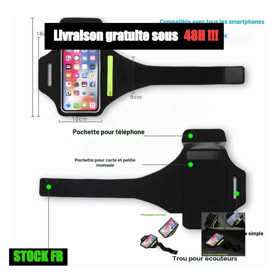 Brassard sport téléphone Samsung jusqu'à 6,9 pouces imperméable noir - Photo 1/4