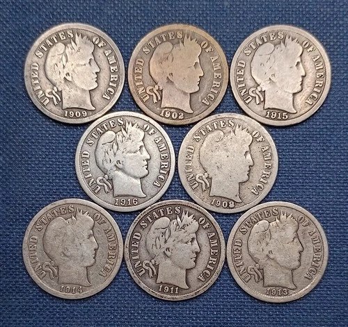 LOT OF EIGHT BARBER DIMES - Good (G) & better - all diff, 1/2 MM, inc '15-S