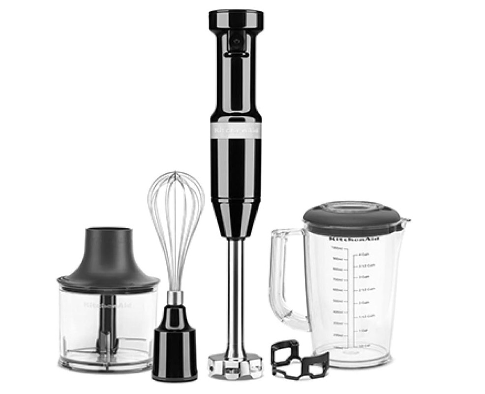 Mixeur plongeant KitchenAid noir et hachoir pour cuisiner sans éclaboussures