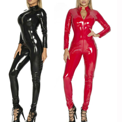 Sexy Women Leather Wetlook Catsuit Bodysuit 2-Way Zipper Shiny Lingerie Jumpsuit