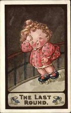 Antique Postcard Crying Little Girl ROLLER SKATING "Kute Kiddies"