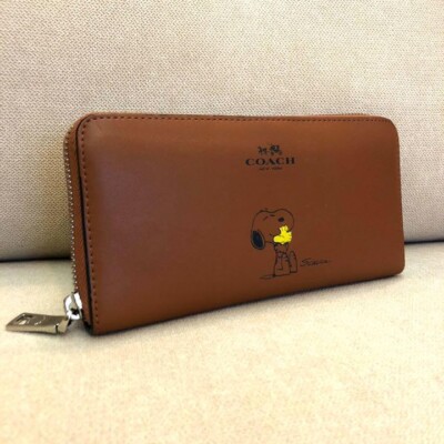 COACH x PEANUTS Long Wallet Snoopy Woodstock Leather Zip Brown Popular F53773