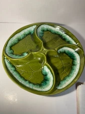 BEAUTIFUL Santa Anita Ware MCM green leaf divided tray, 13.5" diameter
