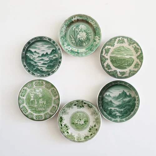 Miniature Green Willow Vintage Plates Set Ceramic Dollhouse Kitchen Decor 1:12