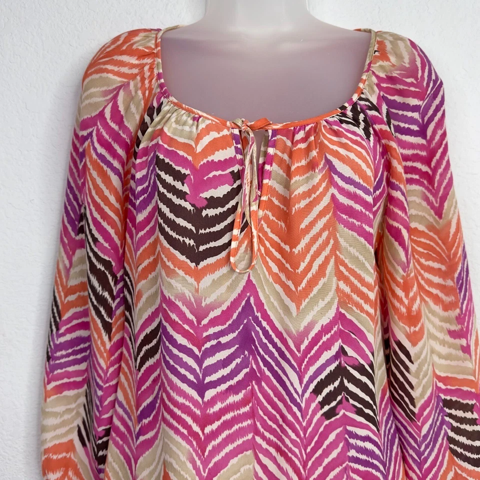 Camisa Trina Turk Mujer S Colorida Seda Abstracta Artística Campesina Boho Costa Playa Foto 3 de 4