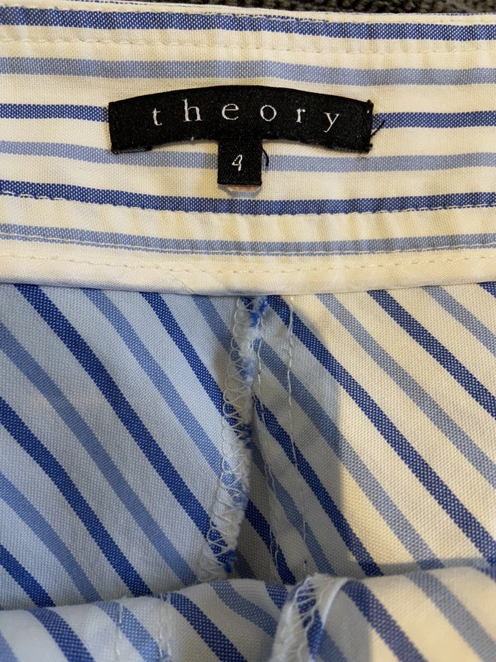 Theory A-line Pleated Skirt White Blue Stripes Cotton Size 4 - Image 4 of 4
