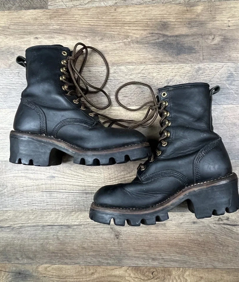 CHIPPEWA BLACK LEATHER LACE UP COMBAT STYLE RUBBER SOLE BOOTS Sz 6M - Image 3 of 4