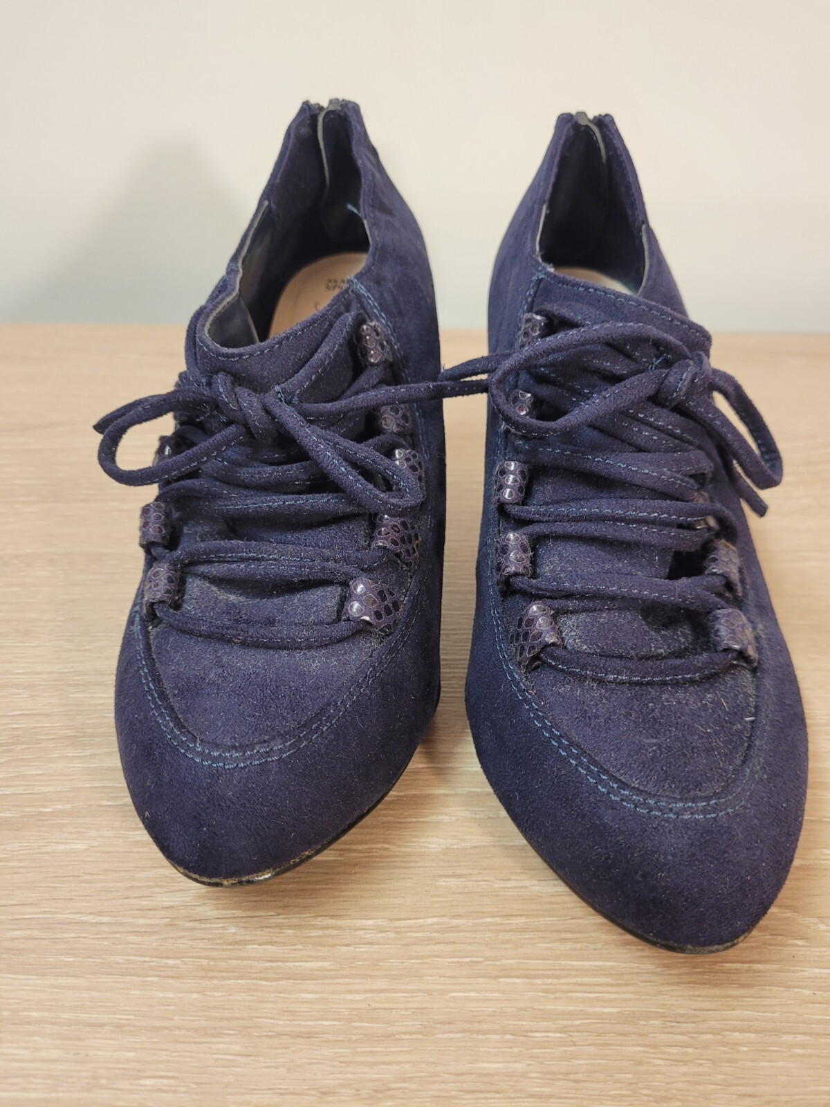 M&S Ankle Shoes UK 4 Navy Suede Lace Detail Back Zip Pre-Owned image 2