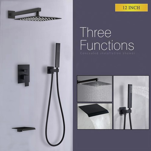 3 Function Shower Faucet Set System Black Rainfall Shower Head Combo Tub Filler - Picture 2 of 8