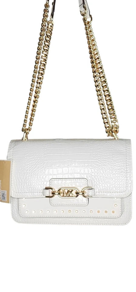 Nuevo con etiquetas Michael Kors Blanco Brezo Cuero Repujado Dorado LG Tachonado $398 Foto 2 de 4