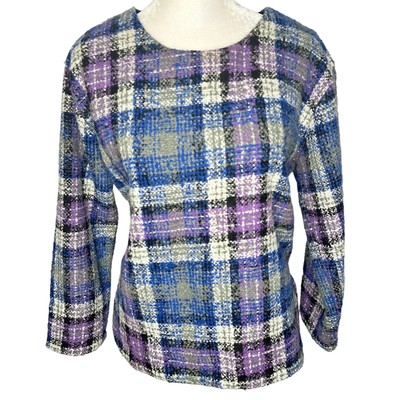 Emin & Paul Anthropologie Plaid Blue Purple Tweed Pullover Sweater Small
