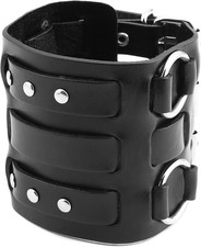 Men'S Alloy Ring Genuine Leather Bracelet Bangle Cuff Silver Tone Adjustable