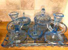 Vintage Art deco dressing table set blue pressed glass 6 pc vintage