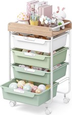 Image of SYKIARIOL 5-Drawer Rolling Storage Trolley Cart with Wooden Top & Handles, Green